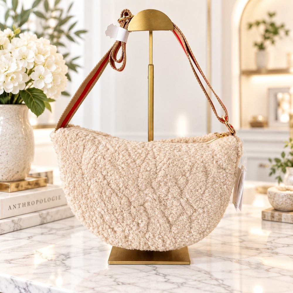 Anthropologie Sherpa Crescent Crossbody Bag Beige Teddy Faux Fur NWT